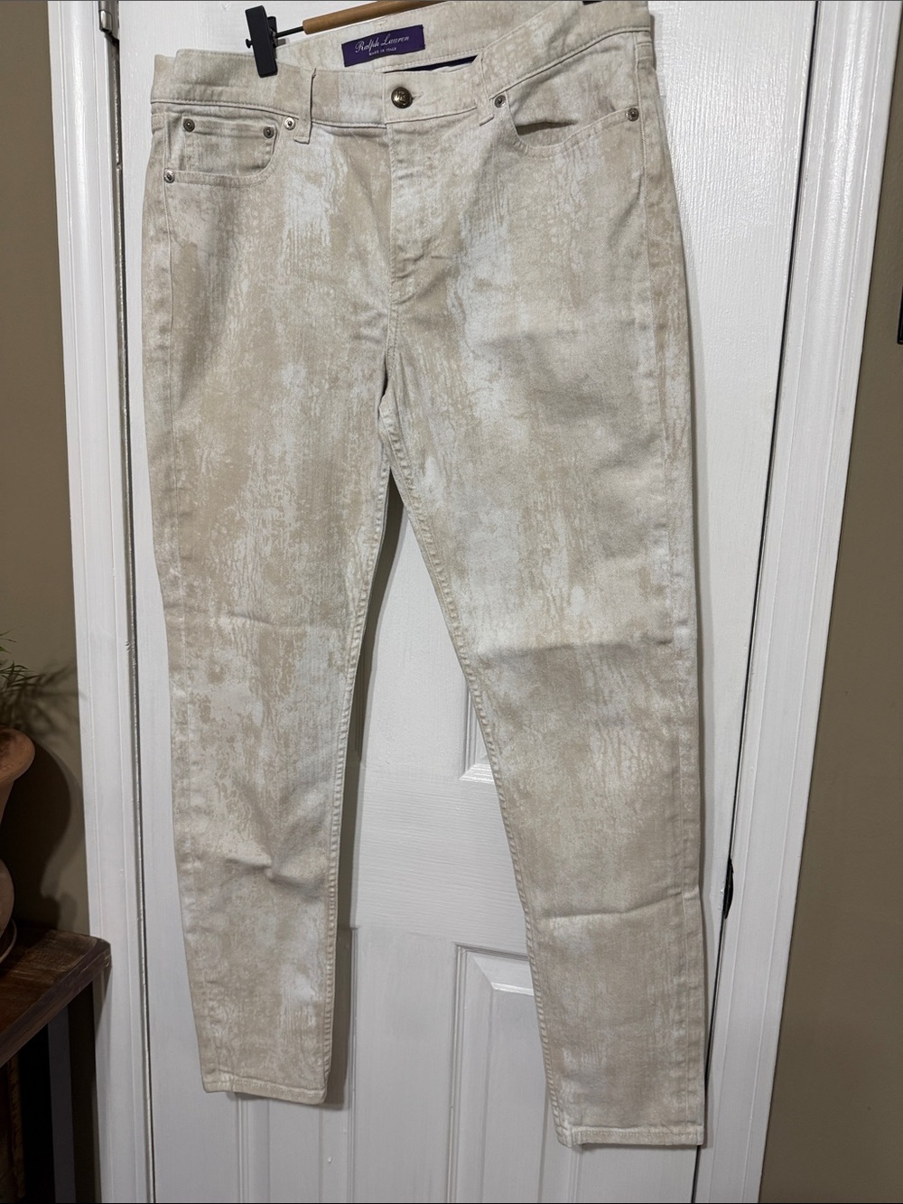 Ralph Lauren Made in Italy Purple Tag Cream Washed Skinny Jeans 32 w 16.5”
